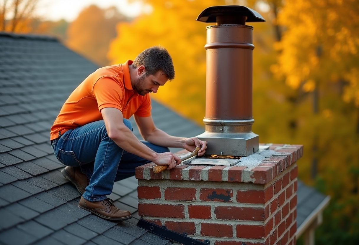 Technician repairing a brick chimney crown — Puyallup